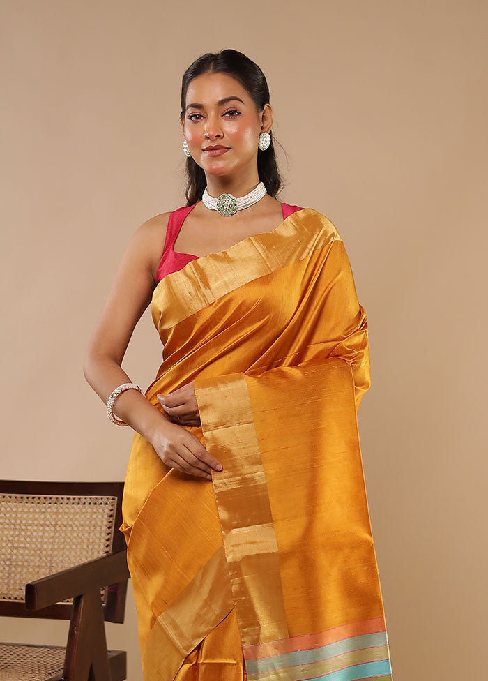 Yellow Handloom Dupion Pure Silk Saree With Blouse Piece