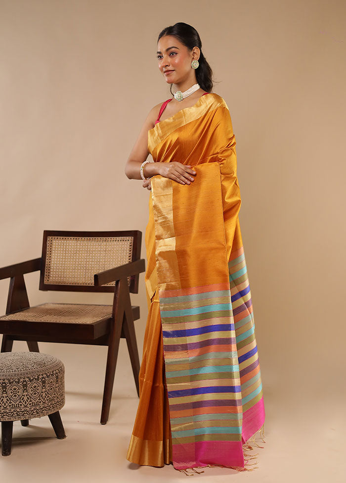 Yellow Handloom Dupion Pure Silk Saree With Blouse Piece