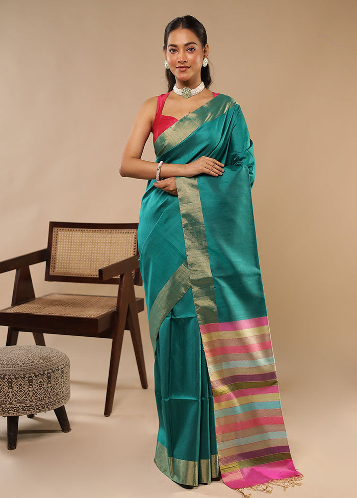 Green Handloom Dupion Pure Silk Saree With Blouse Piece
