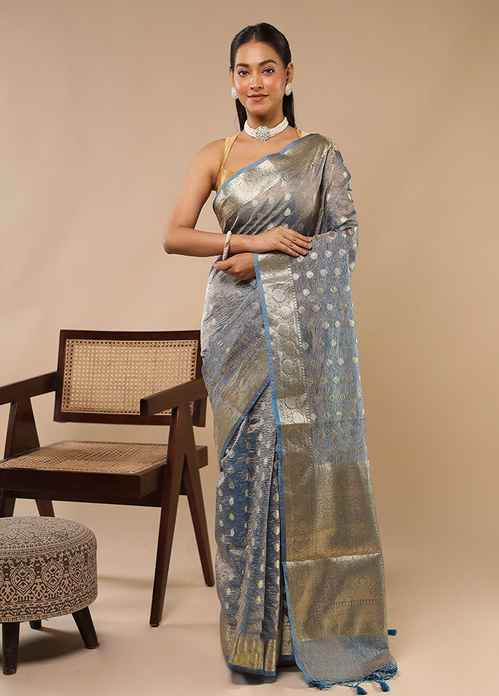 Blue Tissue Silk Saree With Blouse Piece