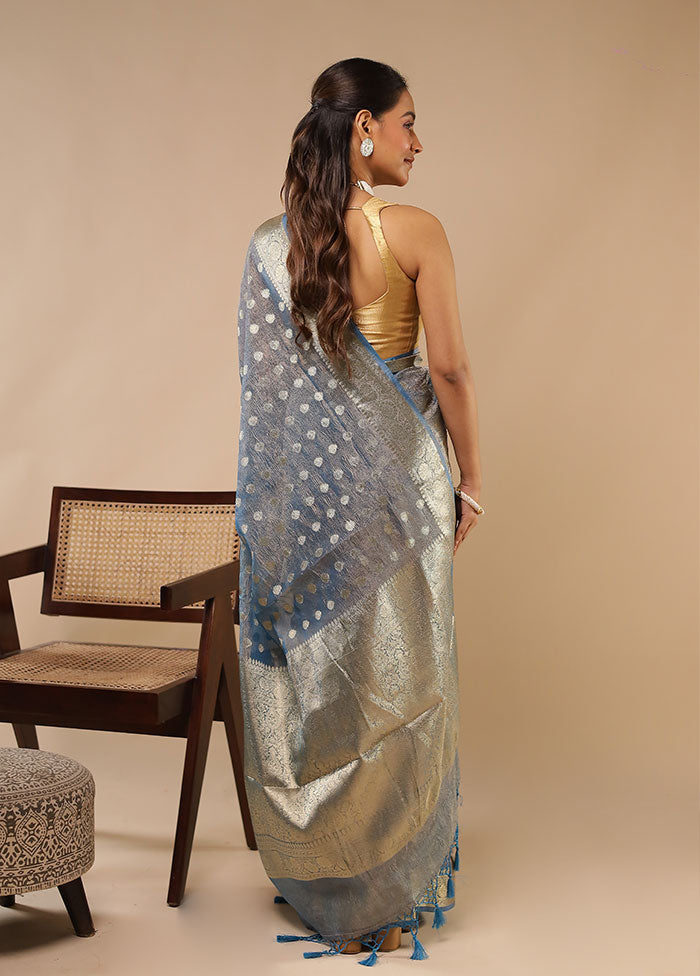 Blue Tissue Silk Saree With Blouse Piece