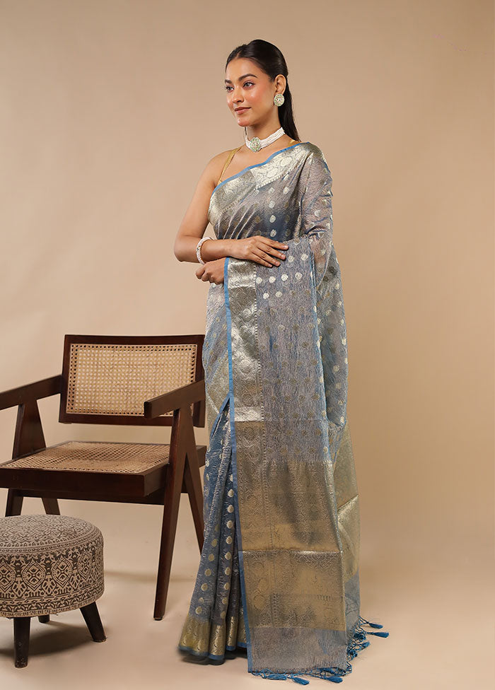 Blue Tissue Silk Saree With Blouse Piece