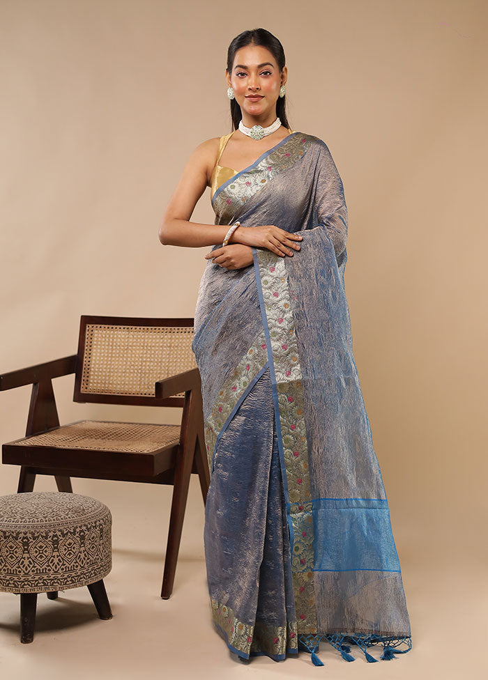 Blue Tissue Silk Saree With Blouse Piece