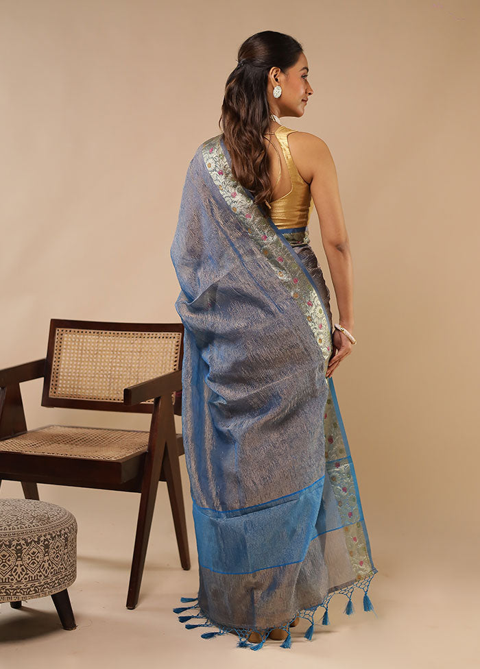 Blue Tissue Silk Saree With Blouse Piece