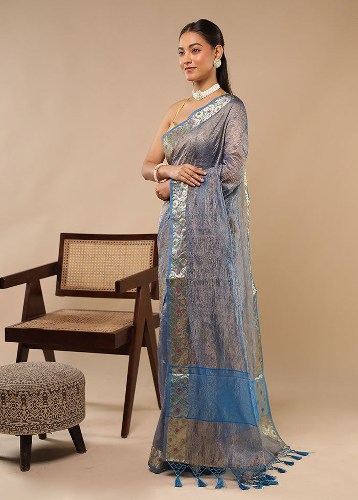 Blue Tissue Silk Saree With Blouse Piece