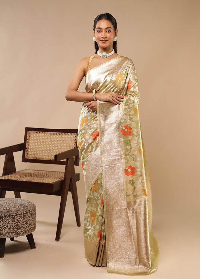 Cream Handloom Tissue Pure Silk Saree With Blouse Piece