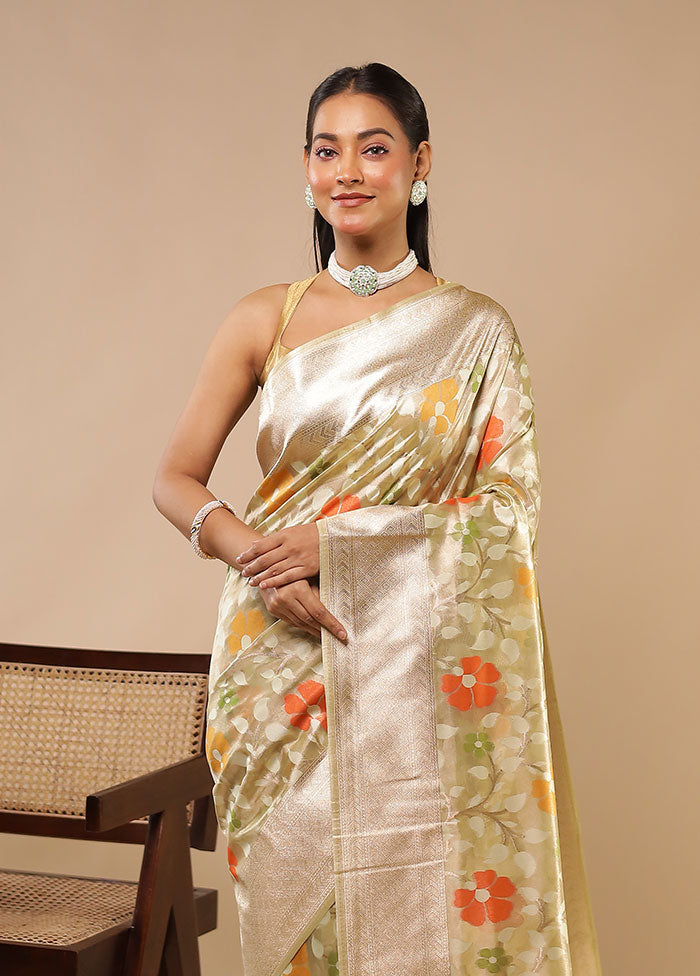 Cream Handloom Tissue Pure Silk Saree With Blouse Piece