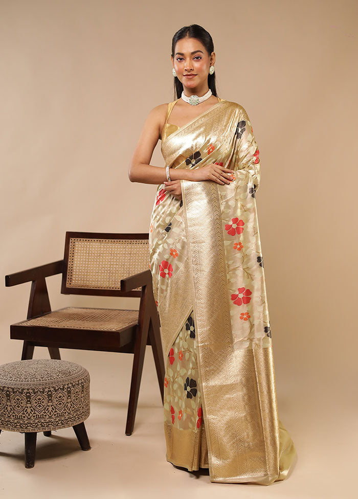 Cream Handloom Tissue Pure Silk Saree With Blouse Piece