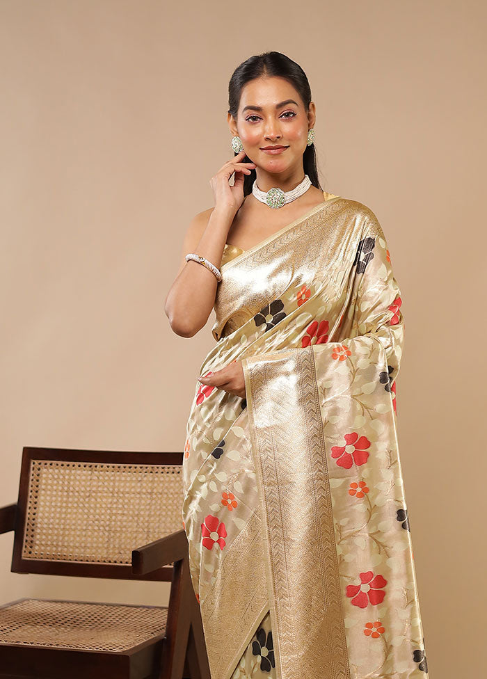 Cream Handloom Tissue Pure Silk Saree With Blouse Piece