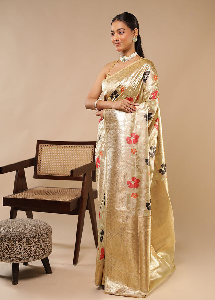 Cream Handloom Tissue Pure Silk Saree With Blouse Piece