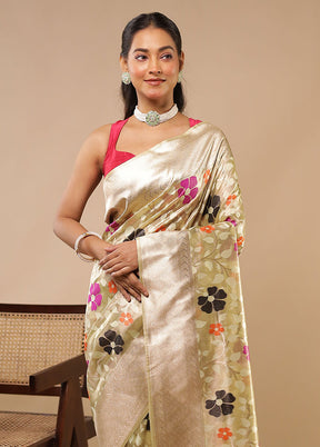 Cream Handloom Tissue Pure Silk Saree With Blouse Piece