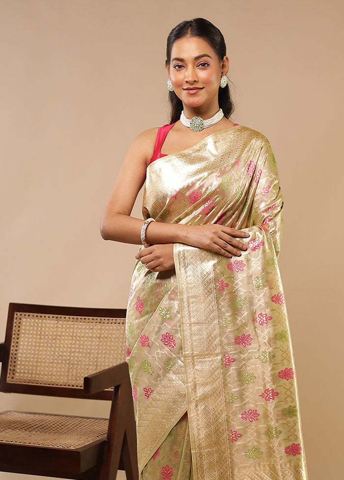 Cream Handloom Tissue Pure Silk Saree With Blouse Piece