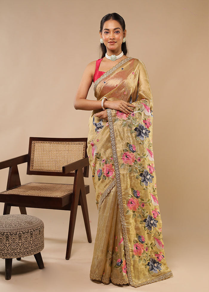 Cream Tissue Silk Saree With Blouse Piece