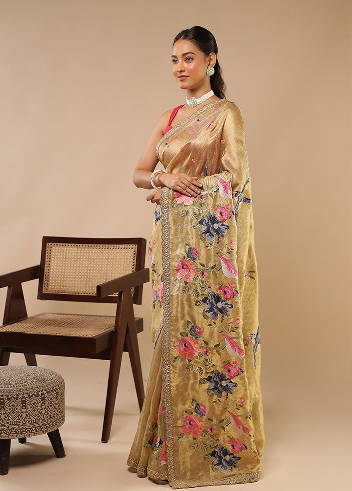 Cream Tissue Silk Saree With Blouse Piece