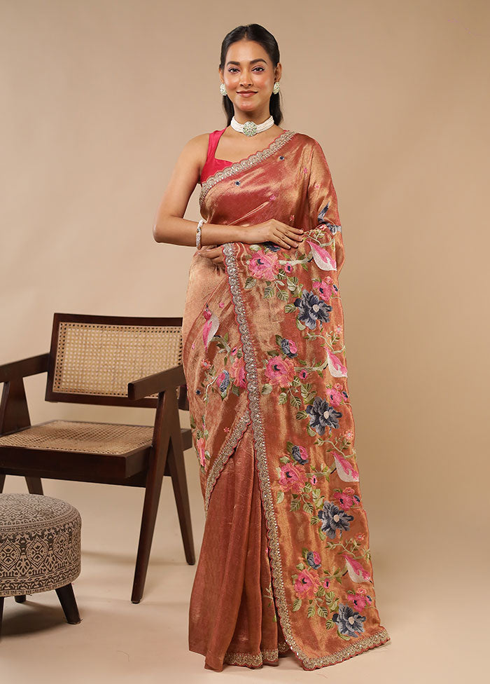 Peach Tissue Silk Saree With Blouse Piece
