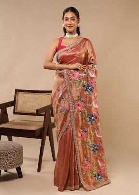Peach Tissue Silk Saree With Blouse Piece