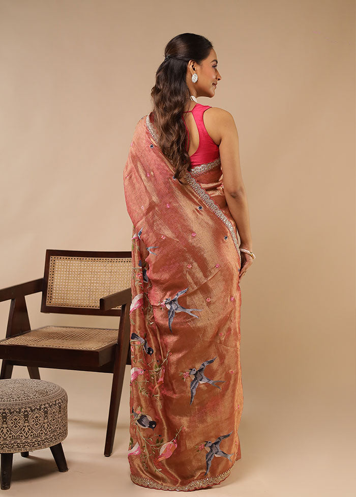 Peach Tissue Silk Saree With Blouse Piece