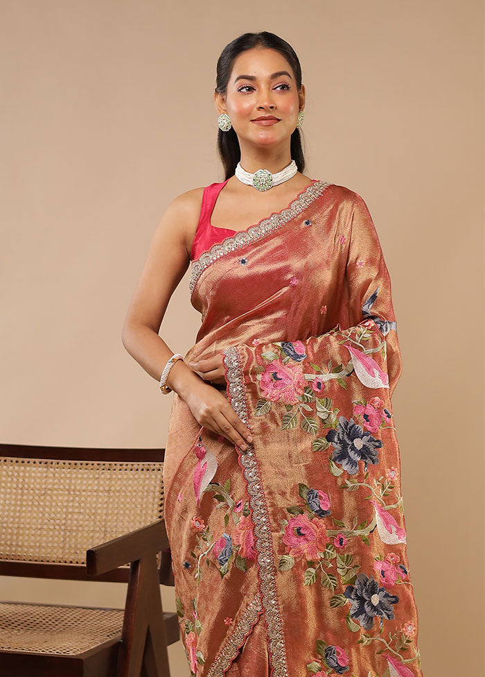 Peach Tissue Silk Saree With Blouse Piece