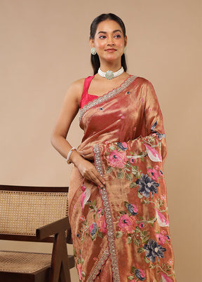 Peach Tissue Silk Saree With Blouse Piece