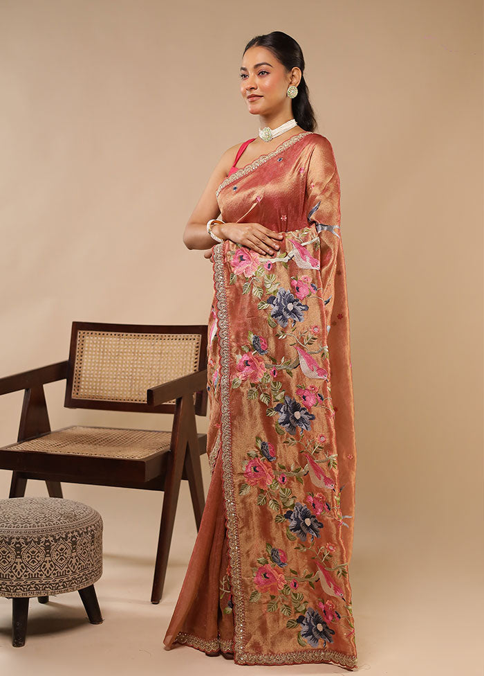 Peach Tissue Silk Saree With Blouse Piece
