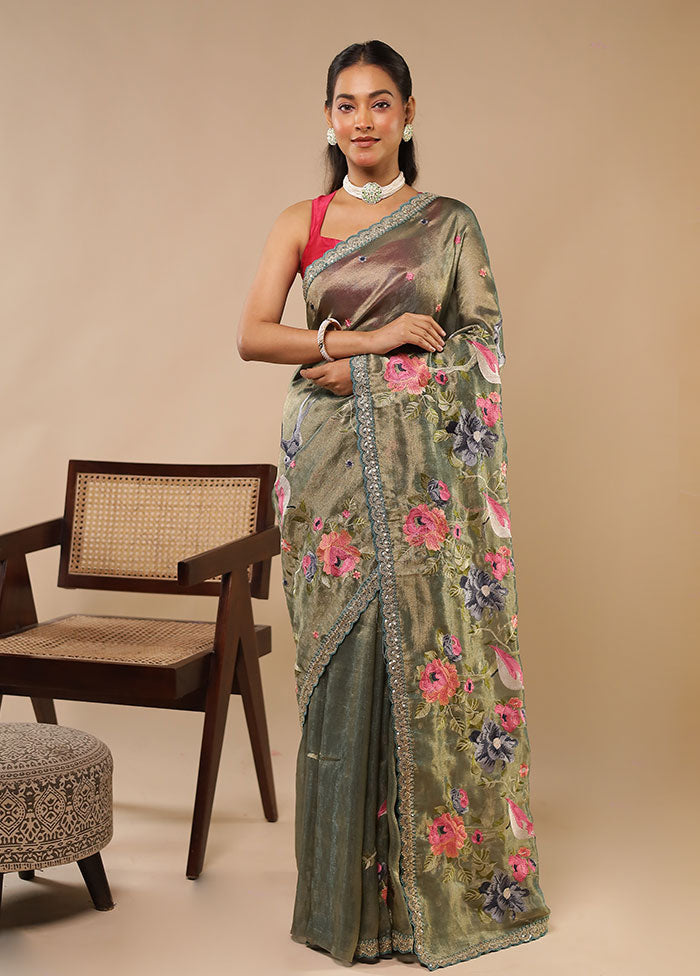 Blue Tissue Silk Saree With Blouse Piece