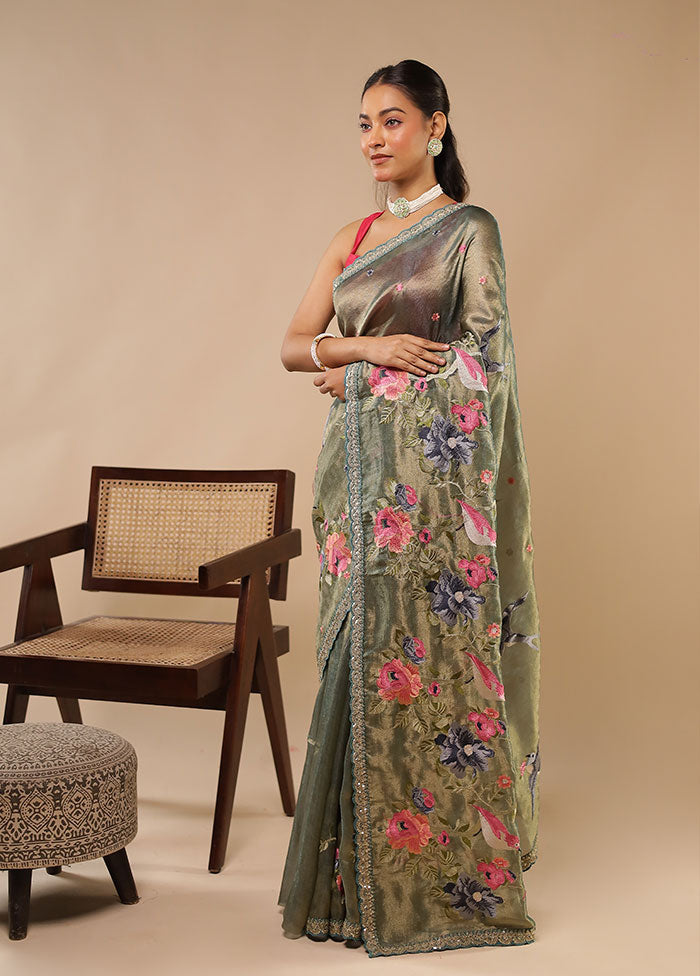 Blue Tissue Silk Saree With Blouse Piece