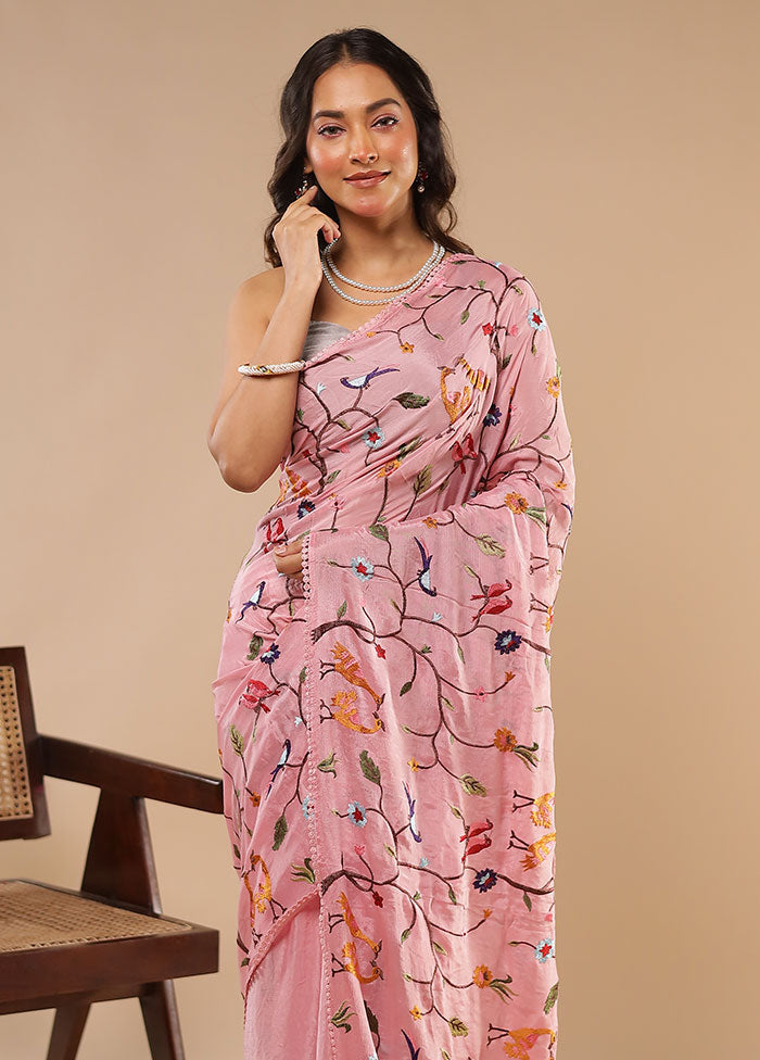 Pink Chiffon Silk Saree With Blouse Piece