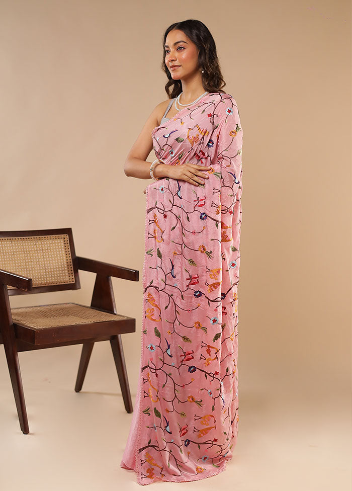 Pink Chiffon Silk Saree With Blouse Piece