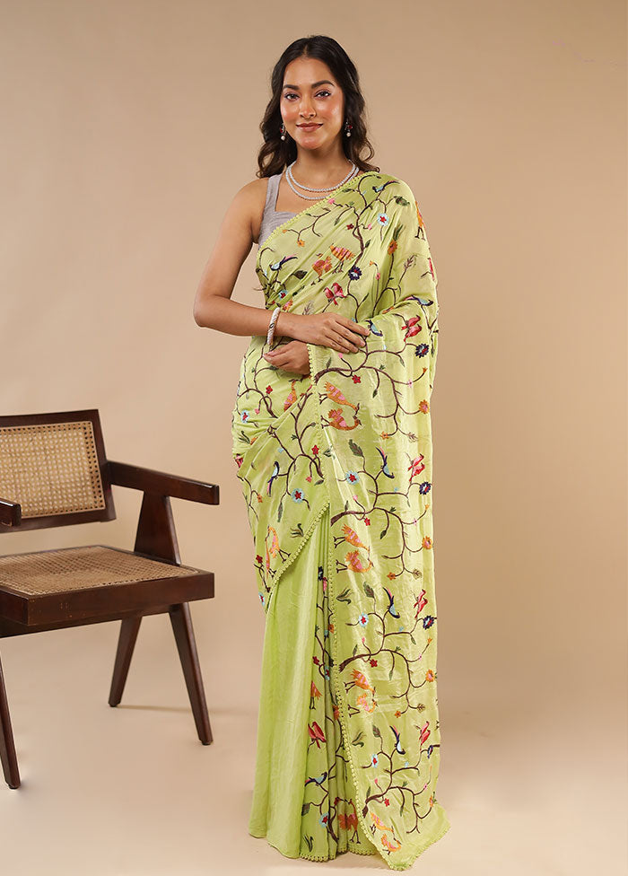 Green Chiffon Silk Saree With Blouse Piece