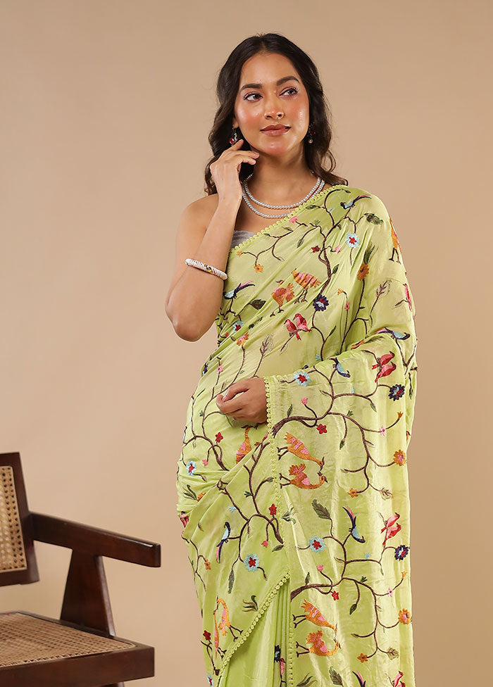 Green Chiffon Silk Saree With Blouse Piece