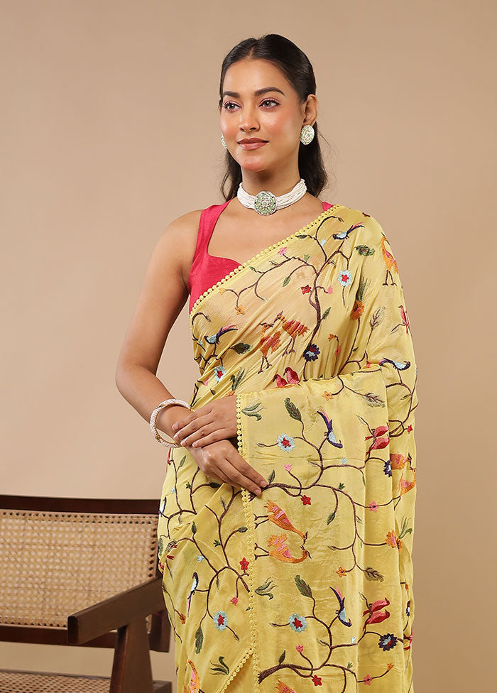 Yellow Chiffon Silk Saree With Blouse Piece
