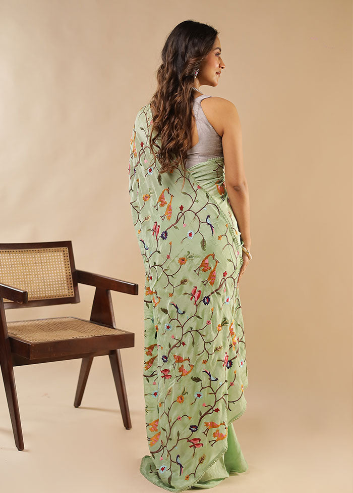 Green Chiffon Silk Saree With Blouse Piece