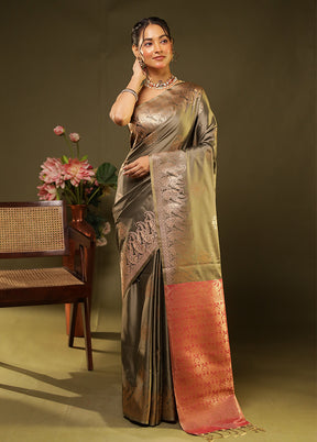 Grey Kanjivaram Silk Saree With Blouse Piece