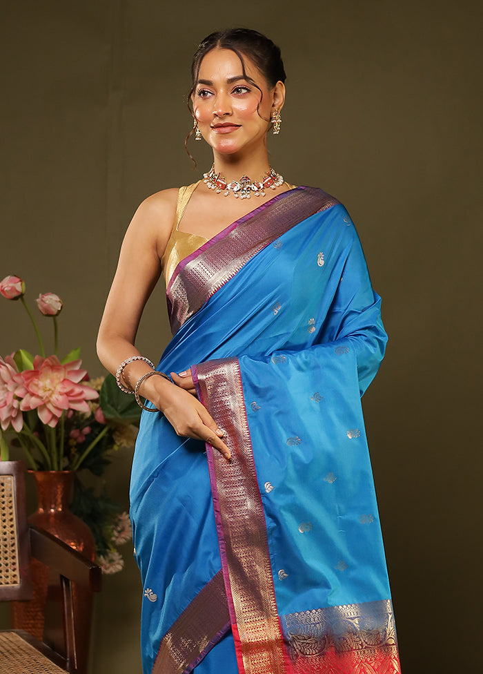 Blue Kanjivaram Silk Saree With Blouse Piece