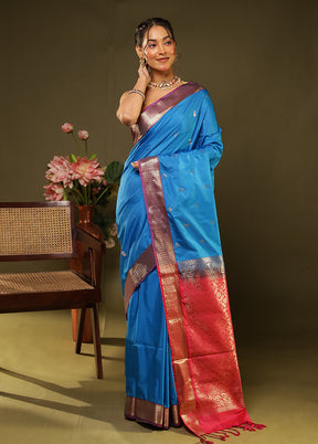 Blue Kanjivaram Silk Saree With Blouse Piece