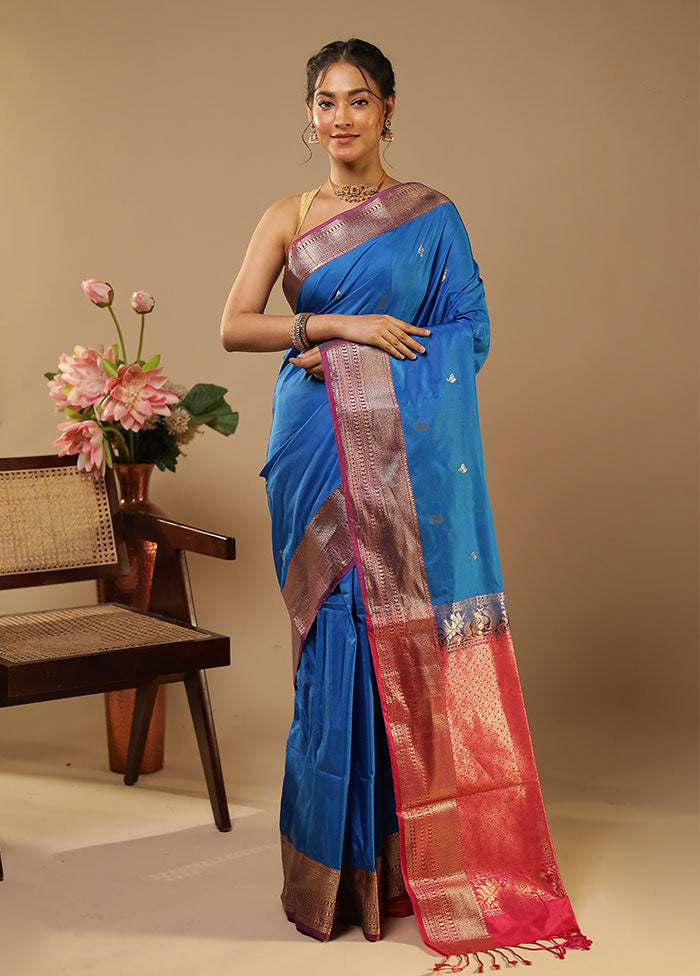 Blue Kanjivaram Silk Saree With Blouse Piece