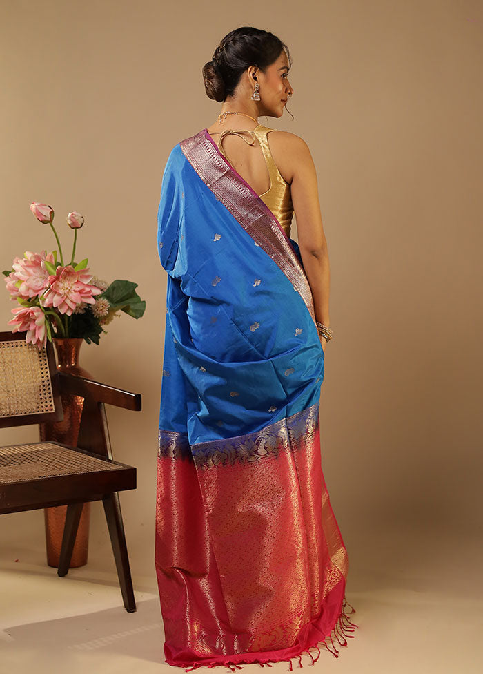 Blue Kanjivaram Silk Saree With Blouse Piece