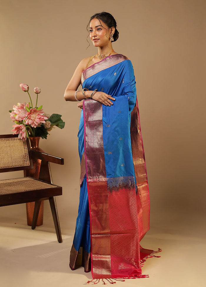 Blue Kanjivaram Silk Saree With Blouse Piece