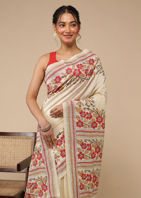 Cream Handloom Kantha Stitch Pure Silk Saree With Blouse Piece