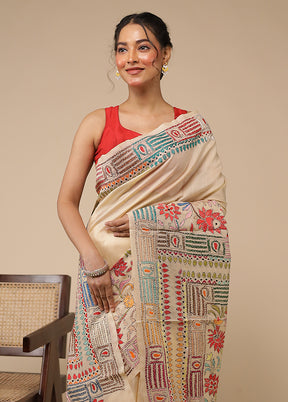 Cream Handloom Kantha Stitch Pure Silk Saree With Blouse Piece