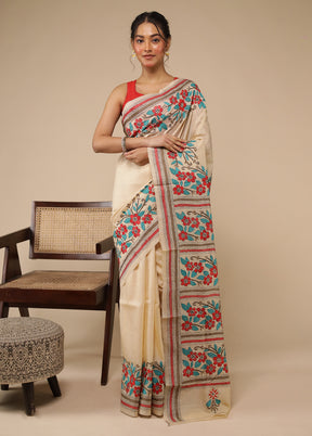 Cream Handloom Kantha Stitch Pure Silk Saree With Blouse Piece