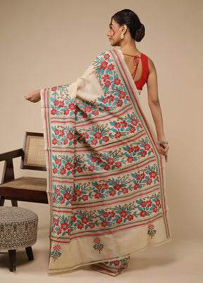 Cream Handloom Kantha Stitch Pure Silk Saree With Blouse Piece