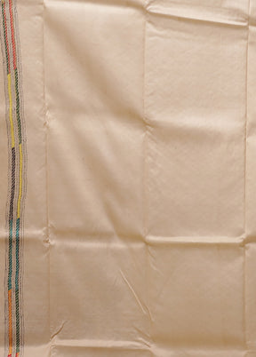 Cream Handloom Kantha Stitch Pure Silk Saree With Blouse Piece