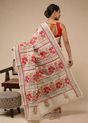 Cream Handloom Kantha Stitch Pure Silk Saree With Blouse Piece