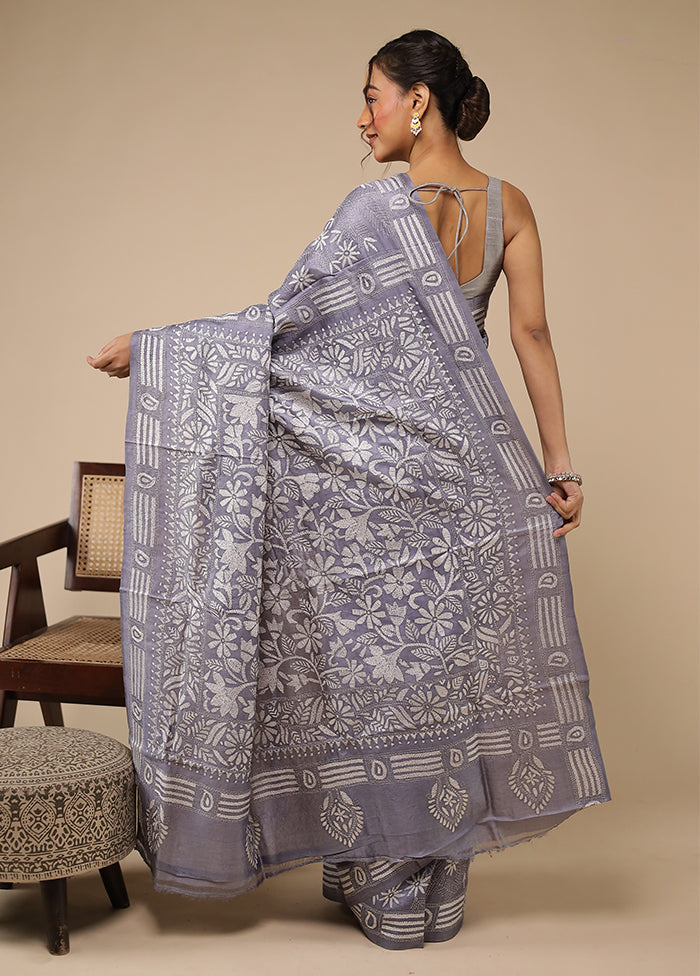 Grey Handloom Kantha Stitch Pure Silk Saree With Blouse Piece