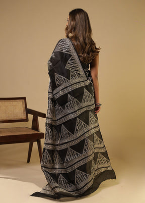 Black Printed Pure Silk Saree Without Blouse Piece