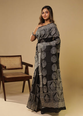 Black Printed Pure Silk Saree Without Blouse Piece