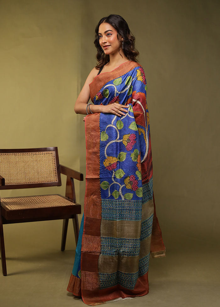 Multicolor Handloom Tussar Pure Silk Saree With Blouse Piece