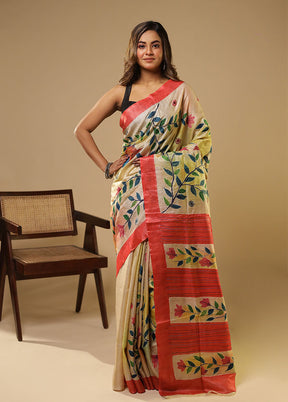 Multicolor Handloom Tussar Pure Silk Saree With Blouse Piece