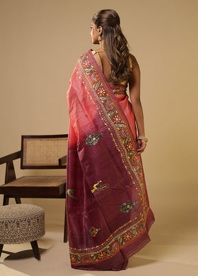 Purple Handloom Tussar Pure Silk Saree With Blouse Piece